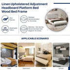 Letto a piattaforma imbottito in lino con struttura in legno e testiera, non è necessaria la rete a molle, senza rumore, misure T/F/Q