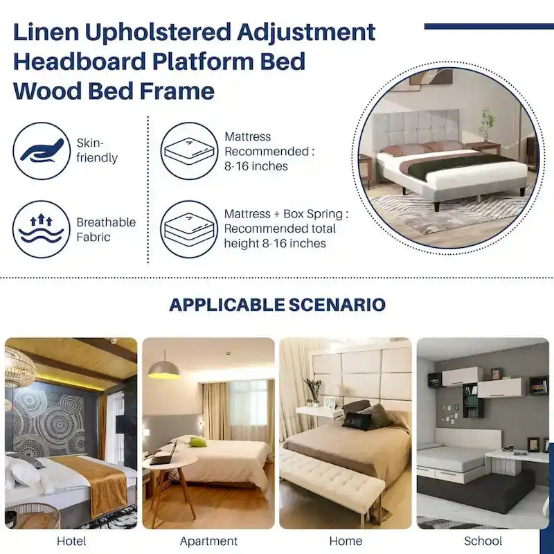 Letto a piattaforma imbottito in lino con struttura in legno e testiera, non è necessaria la rete a molle, senza rumore, misure T/F/Q