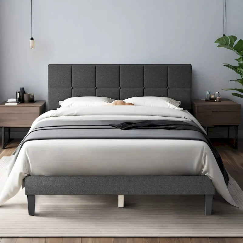 Letto a piattaforma imbottito in lino con struttura in legno e testiera, non è necessaria la rete a molle, senza rumore, misure T/F/Q