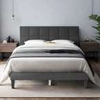 Letto a piattaforma imbottito in lino con struttura in legno e testiera, non è necessaria la rete a molle, senza rumore, misure T/F/Q
