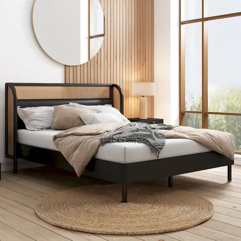 Letto Queen con piattaforma in legno e rattan moderno Cannage