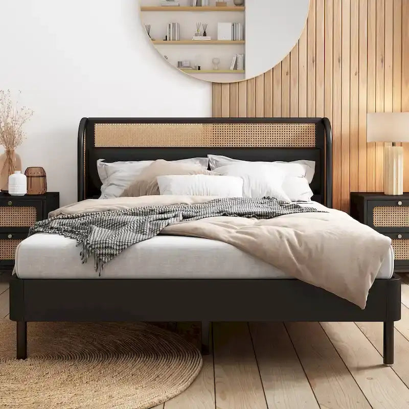 Letto Queen con piattaforma in legno e rattan moderno Cannage