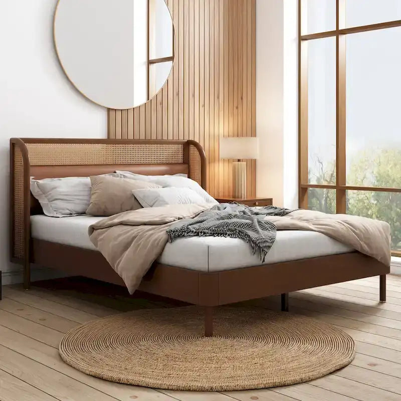 Letto Queen con piattaforma in legno e rattan moderno Cannage