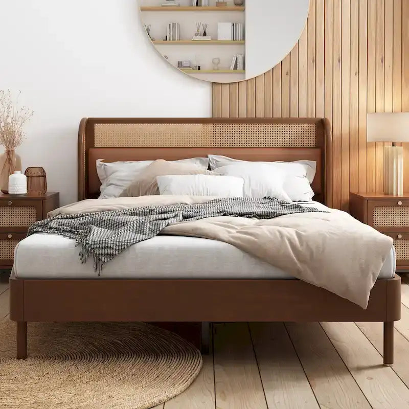 Letto Queen con piattaforma in legno e rattan moderno Cannage