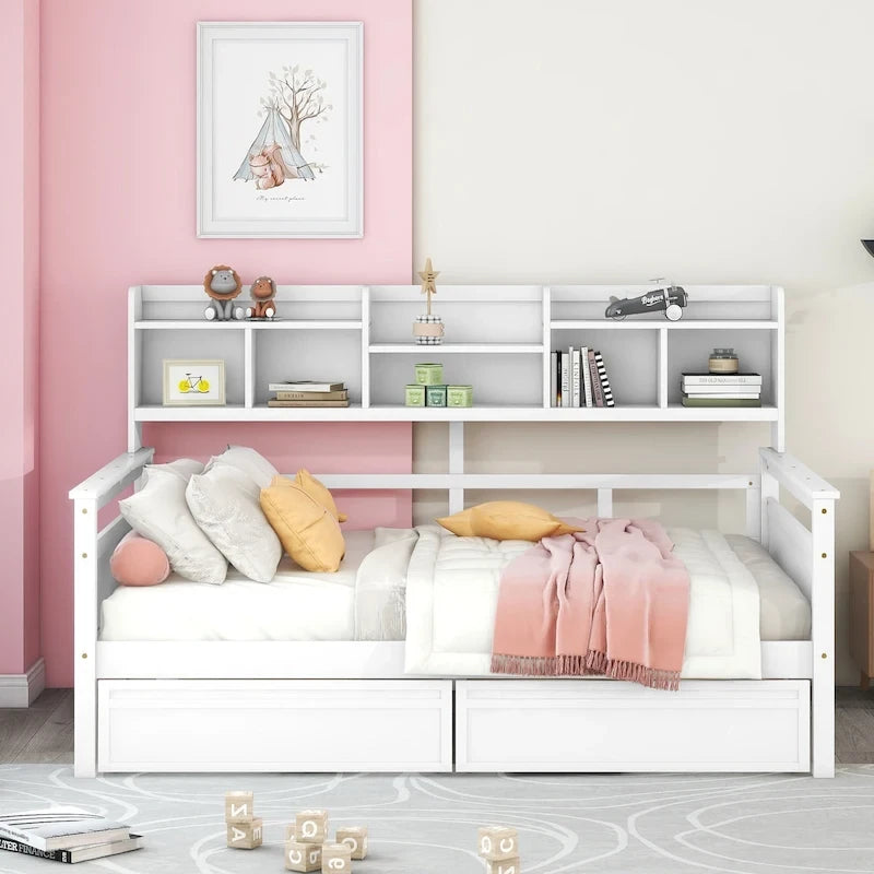 Divano letto singolo a dimensioni standard, supporto a doghe in legno, con comodino e due cassetti