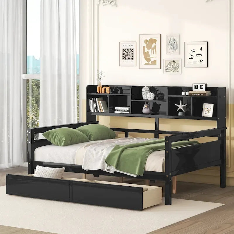 Divano letto singolo a dimensioni standard, supporto a doghe in legno, con comodino e due cassetti