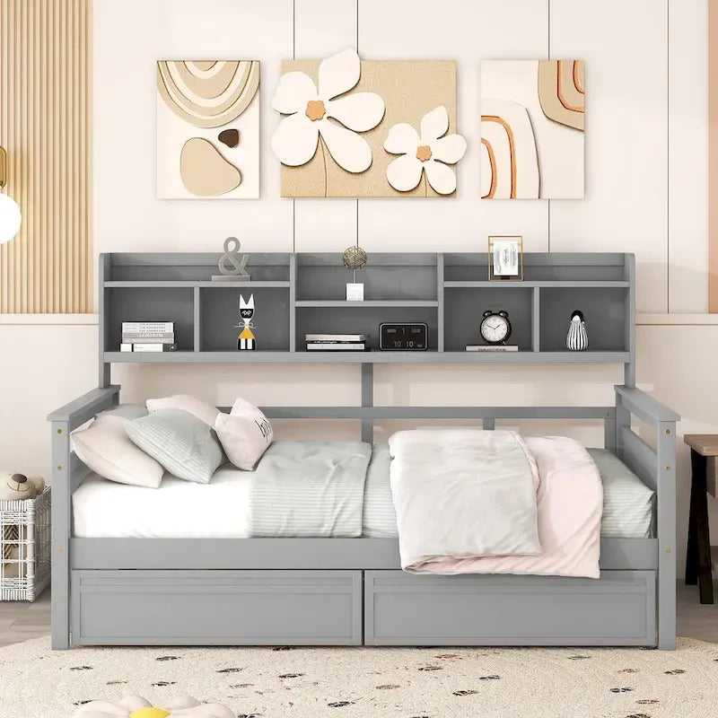 Divano letto singolo a dimensioni standard, supporto a doghe in legno, con comodino e due cassetti