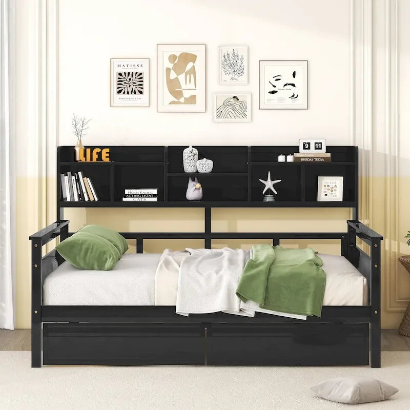 Divano letto singolo a dimensioni standard, supporto a doghe in legno, con comodino e due cassetti