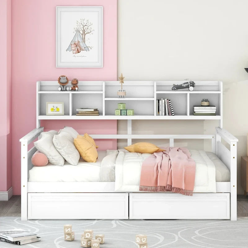 Divano letto singolo a dimensioni standard, supporto a doghe in legno, con comodino e due cassetti