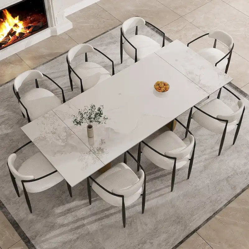 Set da Pranzo Moderno Minimalista da 240 cm (94.48 Inch) a 9 Pezzi con Piano in Pietra Sinterizzata e Doppio Basamento Estensibile