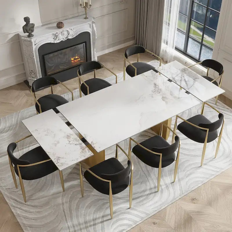 Set da Pranzo Moderno Minimalista da 240 cm (94.48 Inch) a 9 Pezzi con Piano in Pietra Sinterizzata e Doppio Basamento Estensibile
