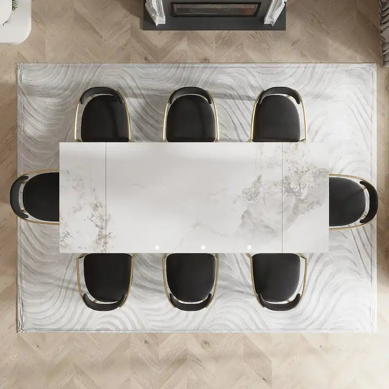 Set da Pranzo Moderno Minimalista da 240 cm (94.48 Inch) a 9 Pezzi con Piano in Pietra Sinterizzata e Doppio Basamento Estensibile