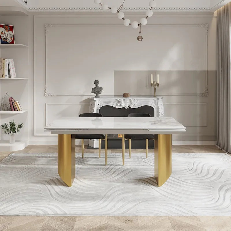 Set da Pranzo Moderno Minimalista da 240 cm (94.48 Inch) a 9 Pezzi con Piano in Pietra Sinterizzata e Doppio Basamento Estensibile