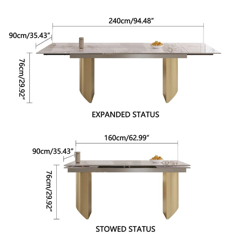 Set da Pranzo Moderno Minimalista da 240 cm (94.48 Inch) a 9 Pezzi con Piano in Pietra Sinterizzata e Doppio Basamento Estensibile