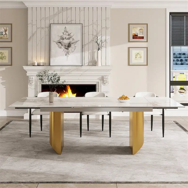 Set da Pranzo Moderno Minimalista da 240 cm (94.48 Inch) a 9 Pezzi con Piano in Pietra Sinterizzata e Doppio Basamento Estensibile