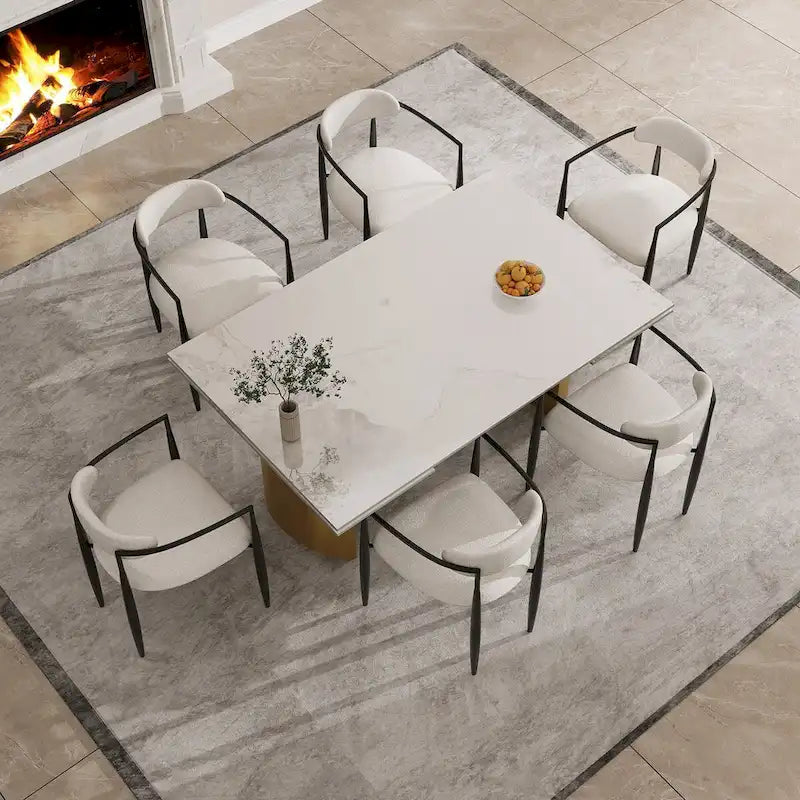 Set da Pranzo Moderno Minimalista da 240 cm (94.48 Inch) a 9 Pezzi con Piano in Pietra Sinterizzata e Doppio Basamento Estensibile