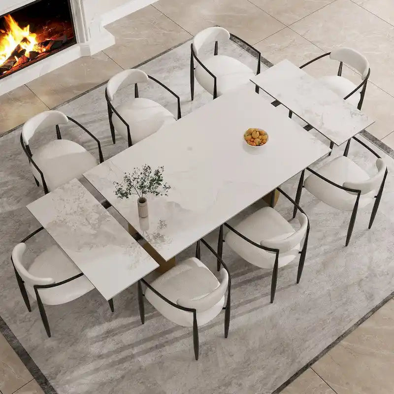 Set da Pranzo Moderno Minimalista da 240 cm (94.48 Inch) a 9 Pezzi con Piano in Pietra Sinterizzata e Doppio Basamento Estensibile