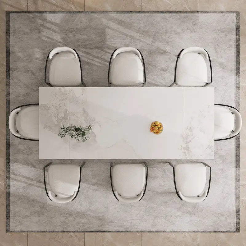Set da Pranzo Moderno Minimalista da 240 cm (94.48 Inch) a 9 Pezzi con Piano in Pietra Sinterizzata e Doppio Basamento Estensibile