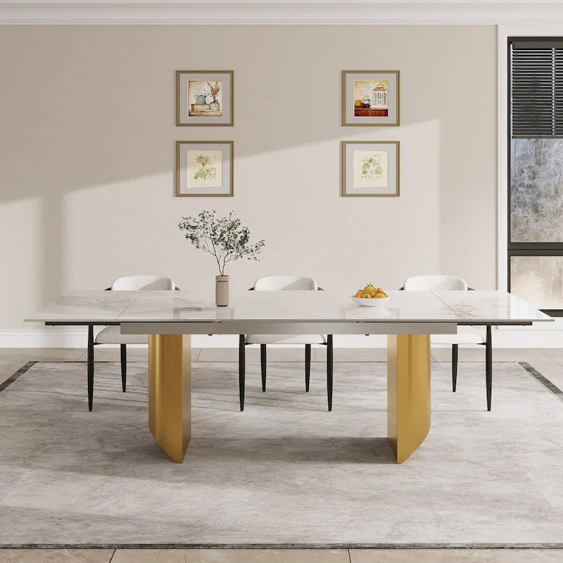 Set da Pranzo Moderno Minimalista da 240 cm (94.48 Inch) a 9 Pezzi con Piano in Pietra Sinterizzata e Doppio Basamento Estensibile
