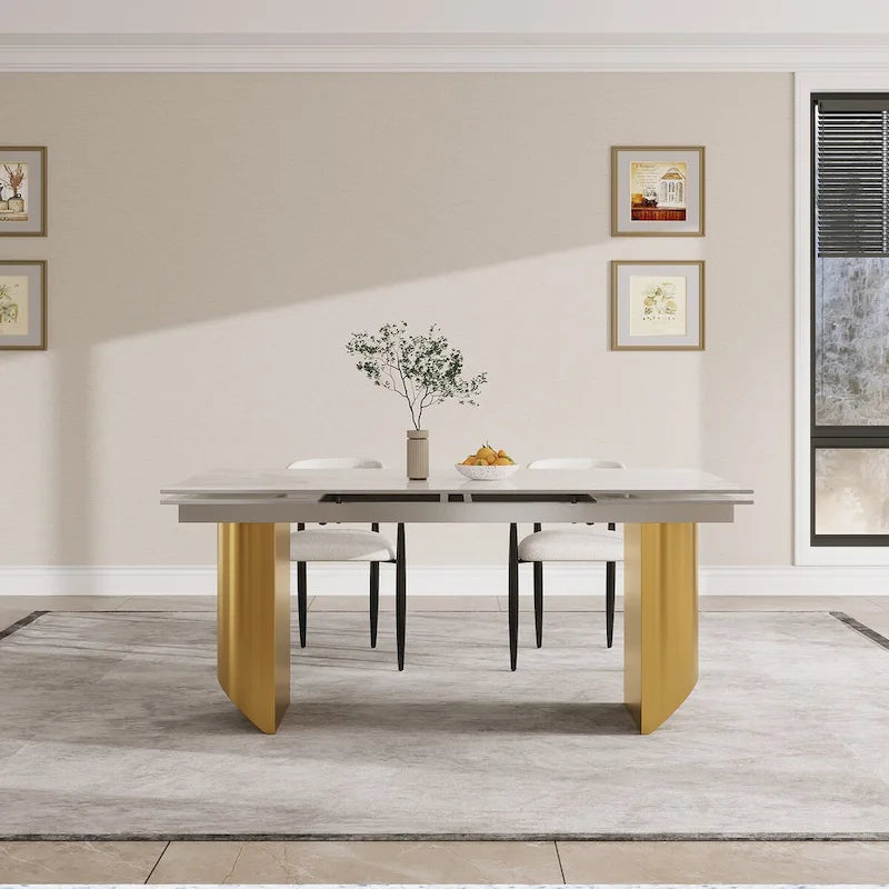 Set da Pranzo Moderno Minimalista da 240 cm (94.48 Inch) a 9 Pezzi con Piano in Pietra Sinterizzata e Doppio Basamento Estensibile