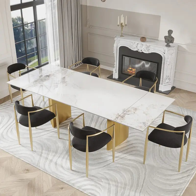 Set da Pranzo Moderno Minimalista da 240 cm (94.48 Inch) a 9 Pezzi con Piano in Pietra Sinterizzata e Doppio Basamento Estensibile