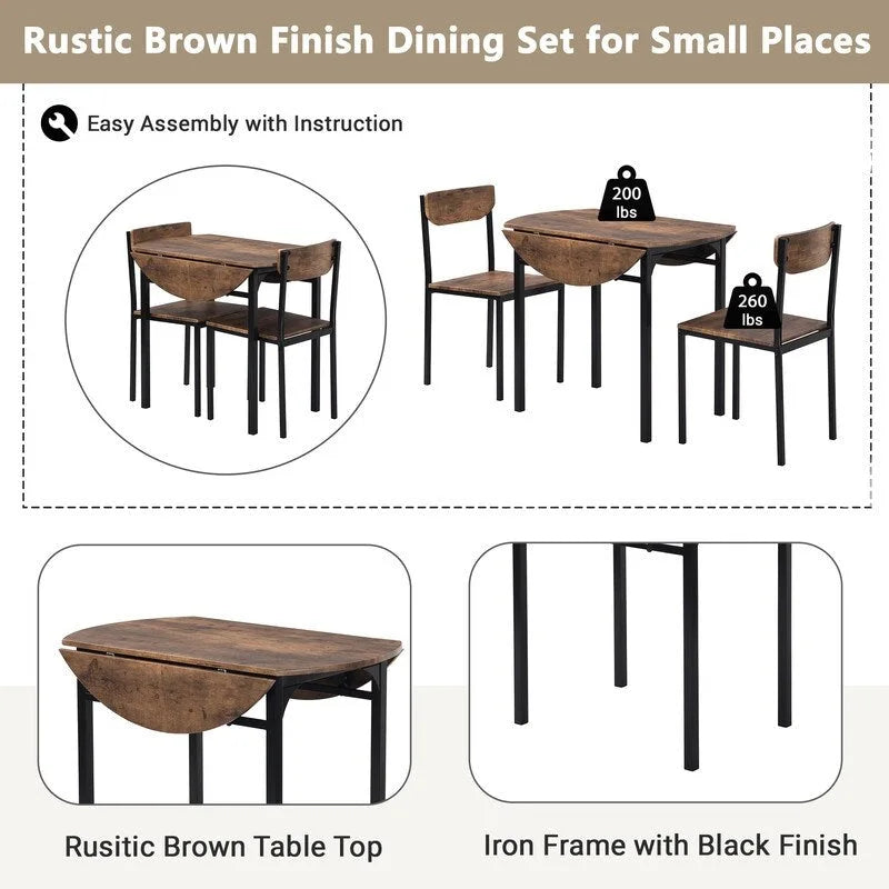 Set da pranzo da 3 pezzi con tavolo a ribalta, set da pranzo moderno rotondo a altezza bancone con 2 sedie, set tavolo da cucina piccolo in legno