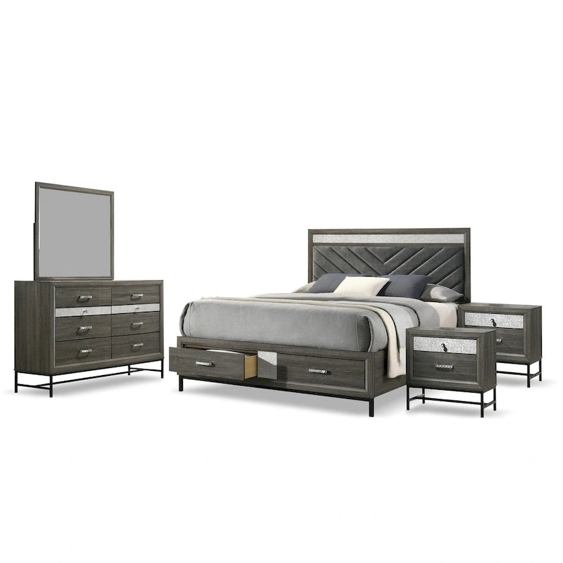 Collezione Camera da letto Heinisk Contemporanea Grigia con Letto a Piattaforma 5 pezzi