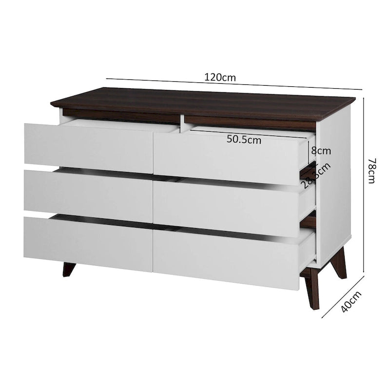 Comò doppio a 6 cassetti con cassetti ampi, comò bianco per camera da letto, cassettiera in legno per soggiorno e corridoio